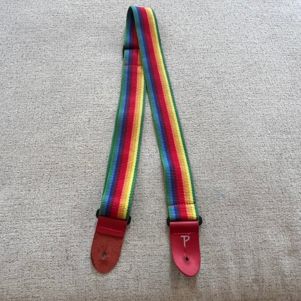 Vintage Rainbow Striped Guitar Strap Red Faux Leather Ends Adjustable P Logo